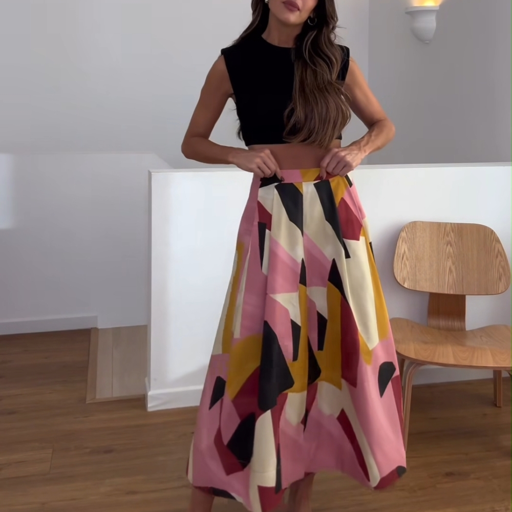 Zara PRINTED MIDI SKIRT ZW COLLECTION Pink, Yellow Black Geometric Pattern NWT